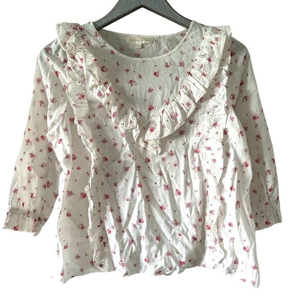 LoveShackFancy Cream & Pink Floral Print Ruffle Blouse - Picture 2 of 9
